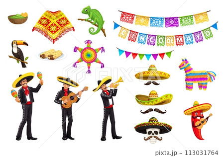 Mexican Cinco de Mayo holiday characters. Mariachi musicians, pinata and sombreros, food and pennant, vector Mexico party. Cartoon mexican men and pepper with guitar and maracas, skull with moustache 113031764