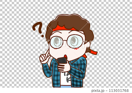 (上半身對角線)一個戴眼鏡的書呆子拿著智慧型手機,一頭霧水,試著回憶。 (上半身對角線)一個戴眼鏡的書呆子拿著智慧型手機,一頭霧水,試著回憶。 113031768