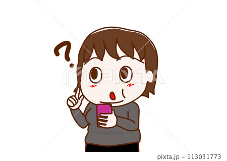 (上半身斜め)スマホを持ってキョトンと分からなくなり思い出そうとする太った女性 (上半身斜め)スマホを持ってキョトンと分からなくなり思い出そうとする太った女性 113031773