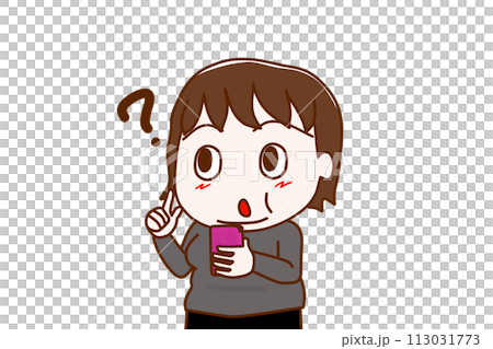 (上半身斜め)スマホを持ってキョトンと分からなくなり思い出そうとする太った女性 (上半身斜め)スマホを持ってキョトンと分からなくなり思い出そうとする太った女性 113031773