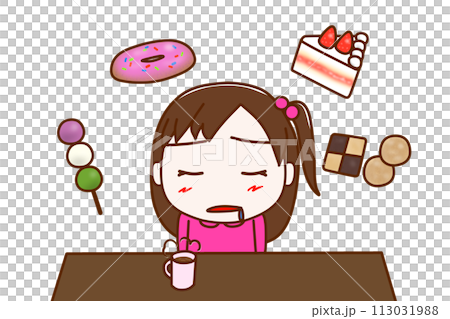（上半身正面）想吃甜食，一邊想像甜食一邊流口水的女孩。 113031988