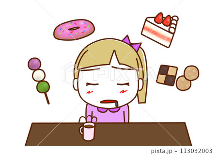 （上半身正面）甘いものが食べたくてよだれを垂らしながらスイーツを想像する白人少女 113032003