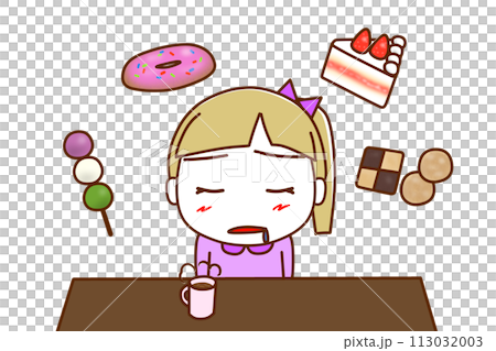 （上半身正面）想吃甜食的白人女孩一邊想像甜食一邊流口水。 113032003