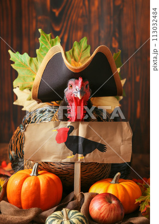 Thanksgiving Turkey, Pilgrim Hat, Veggie Sign 113032484