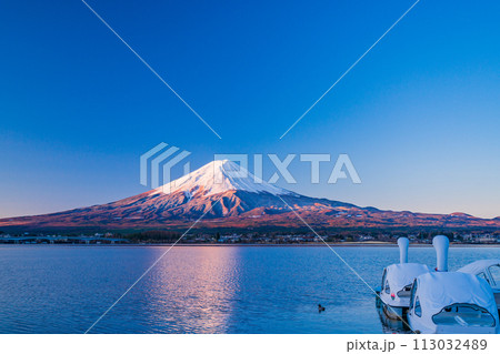 （山梨県）河口湖畔に係留されたスワン型ボートと富士山の夜明け 113032489