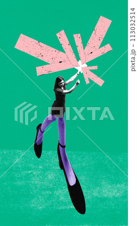 Poster. Contemporary art collage. Woman with long legs holds notebook where arrows points way to success. Poster. Contemporary art collage. Woman with long legs holds notebook where arrows points way to success. 113032514