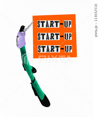 Poster. Contemporary art collage. Young business lady, with long legs holding orange geometry figure with text star-up. Poster. Contemporary art collage. Young business lady, with long legs holding orange geometry figure with text star-up. 113032518