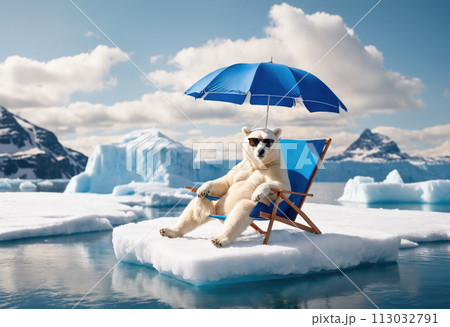 Polar bear wearing sunglasses is relax on chaise longue and basking in sun. Melting glaciers in the background. Ice melting and greenhouse effect. Concept of global warming. Ai generation Polar bear wearing sunglasses is relax on chaise longue and basking in sun. Melting glaciers in the background. Ice melting and greenhouse effect. Concept of global warming. Ai generation 113032791