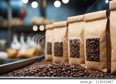 Close-up of coffee bean packages on conveyor belt. Coffee industry. Ai generation 113032867