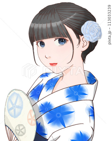 団扇を持った白い浴衣の女性　朝顔模様＝青① 【セル画風イラスト】 113033239