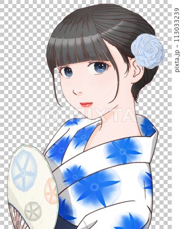 団扇を持った白い浴衣の女性　朝顔模様＝青① 【セル画風イラスト】 113033239