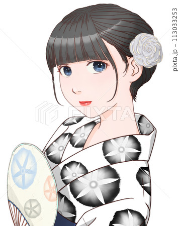 団扇を持った白い浴衣の女性 朝顔模様=黒② 【セル画風イラスト】 団扇を持った白い浴衣の女性 朝顔模様=黒② 【セル画風イラスト】 113033253