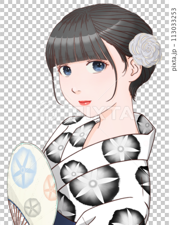 団扇を持った白い浴衣の女性 朝顔模様=黒② 【セル画風イラスト】 団扇を持った白い浴衣の女性 朝顔模様=黒② 【セル画風イラスト】 113033253