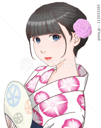 団扇を持った白い浴衣の女性　朝顔模様＝赤紫② 【セル画風イラスト】 113033265