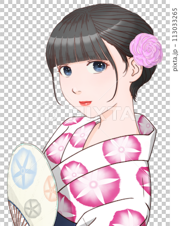 団扇を持った白い浴衣の女性　朝顔模様＝赤紫② 【セル画風イラスト】 113033265