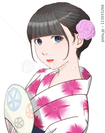 団扇を持った白い浴衣の女性　朝顔模様＝赤紫① 【セル画風イラスト】 113033266