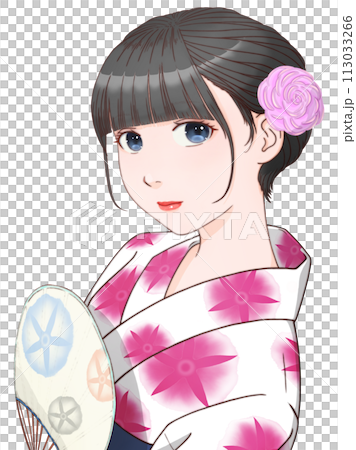 団扇を持った白い浴衣の女性　朝顔模様＝赤紫① 【セル画風イラスト】 113033266