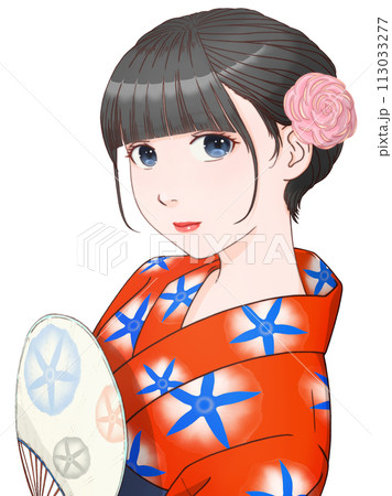 団扇を持った赤い浴衣の女性　朝顔模様＝赤＆青① 【セル画風イラスト】 113033277