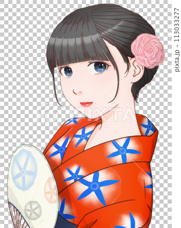 団扇を持った赤い浴衣の女性　朝顔模様＝赤＆青① 【セル画風イラスト】 113033277