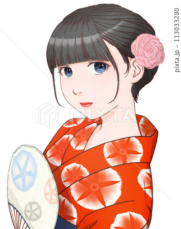 団扇を持った赤い浴衣の女性 朝顔模様=赤① 【セル画風イラスト】 団扇を持った赤い浴衣の女性 朝顔模様=赤① 【セル画風イラスト】 113033280