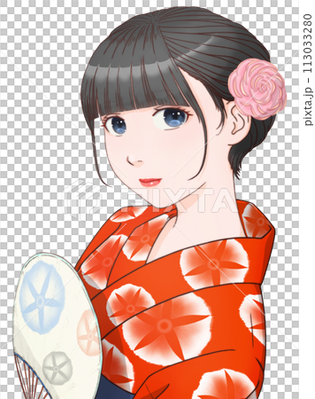 団扇を持った赤い浴衣の女性 朝顔模様=赤① 【セル画風イラスト】 団扇を持った赤い浴衣の女性 朝顔模様=赤① 【セル画風イラスト】 113033280