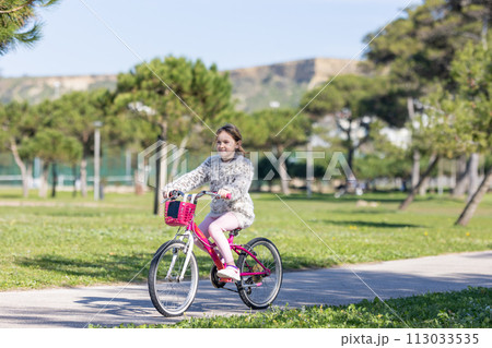 A young girl is riding a pink bike in a park A young girl is riding a pink bike in a park 113033535