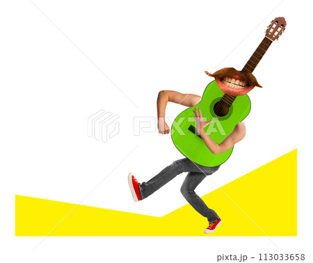 Banner. Contemporary art collage. Music instrument. Stringed instrument, acoustic guitar with lips and legs dancing and singing. 113033658
