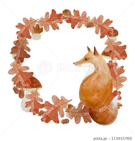 Fox in a oak leaf frame watercolor flat illustration isolated on white 113033769