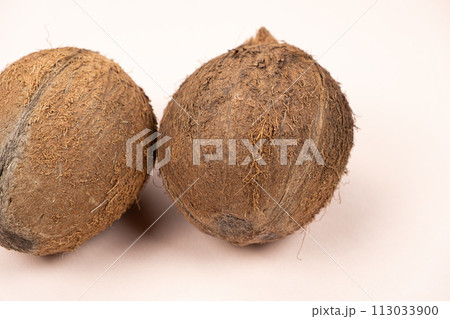 Two brown coconuts close-up on pink background Two brown coconuts close-up on pink background 113033900