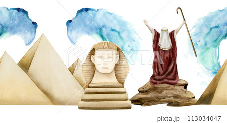 Exodus seamless border with Moses separating Red sea with Egypt pyramids and statue of Sphinx watercolor background on white for Passover Haggadah story greeting banners 113034047