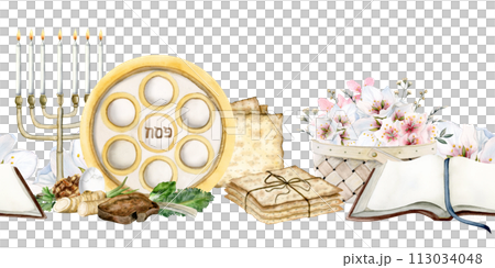 Passover horizontal seamless border with holiday symbols and spring flowers. Jewish watercolor endless banner with matzah, seder plate and Pesach Haggadah book 113034048