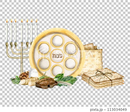 Passover greeting card template with seder plate, traditional food, menorah and matzah watercolor illustration isolated on white background for Pesach Jewish holiday 113034049