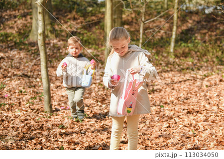 The kids looking for eggs in a bag for Easter 113034050