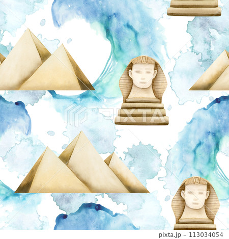 Egypt pyramids, statue of Sphinx and Red sea waves watercolor seamless pattern on white background for Egyptian tourism designs, Passover Exodus illustration for Haggadah story 113034054