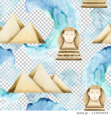 Egypt pyramids, statue of Sphinx and Red sea waves watercolor seamless pattern on white background for Egyptian tourism designs, Passover Exodus illustration for Haggadah story 113034054