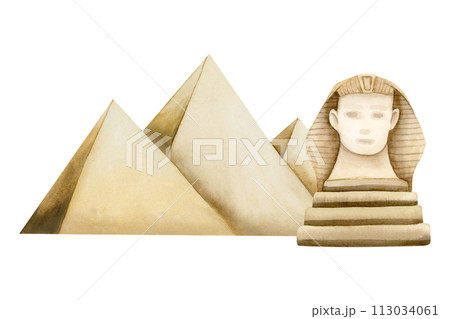 Egyptian Giza pyramids with statue of Sphinx watercolor illustration isolated on white background in minimalist simple style for Egypt tourism and travel designs or Passover Haggadah decor Egyptian Giza pyramids with statue of Sphinx watercolor illustration isolated on white background in minimalist simple style for Egypt tourism and travel designs or Passover Haggadah decor 113034061