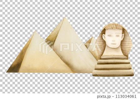 Egyptian Giza pyramids with statue of Sphinx watercolor illustration isolated on white background in minimalist simple style for Egypt tourism and travel designs or Passover Haggadah decor Egyptian Giza pyramids with statue of Sphinx watercolor illustration isolated on white background in minimalist simple style for Egypt tourism and travel designs or Passover Haggadah decor 113034061