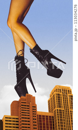 Dance show. Promotional poster for upcoming club event. Giant image of female legs in heeled shoes standing on top of skyscrapers. Contemporary art collage. 113034276