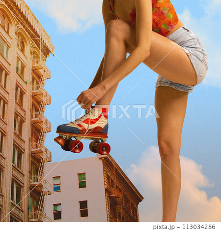 Giant image of female legs, woman tying rollers laces, leaning on building on blue sky background. Contemporary art collage. 113034286