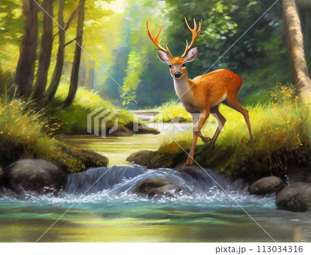 風景画 森と小川の白い鹿　　F10キャンバス 風景画 森と小川の白い鹿 F10キャンバス