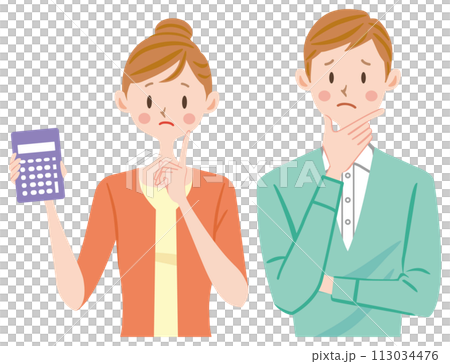 家計が苦しい 電卓を持つ夫婦 家計が苦しい 電卓を持つ夫婦 113034476