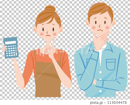 A couple with a calculator who is struggling with household finances 113034478