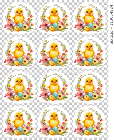 AI-generated content. Easter little chick with eggs, flowers and herbs stickers 113034924