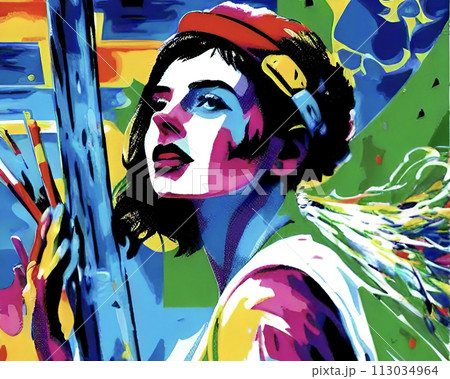 斜め上を見つめるカラフルな女性 113034964