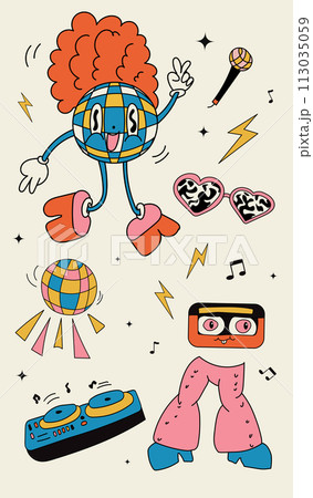 Vector illustration. Groovy hippie stickers set. Comic happy retro stickers, characters in trendy retro 60s 70s cartoon style. Collection in pastel palette. 113035059