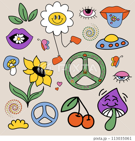 Vector illustration. Groovy hippie stickers set. Comic happy retro stickers, characters in trendy retro 60s 70s cartoon style. Collection. 113035061