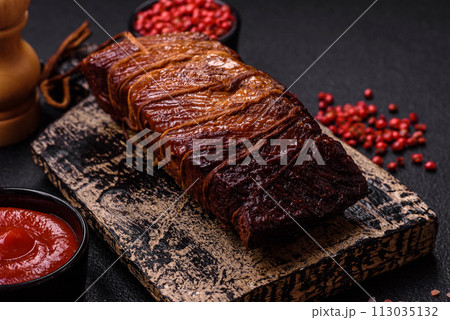 Delicious smoked meat pork or chicken with salt, spices and herbs 113035132