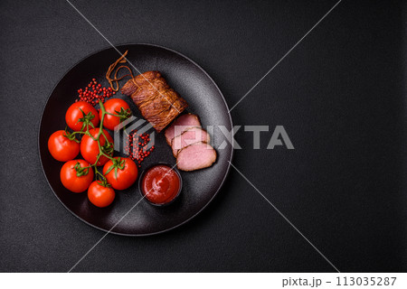 Delicious smoked meat pork or chicken with salt, spices and herbs 113035287