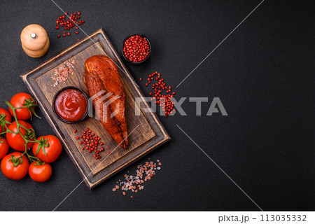 Delicious smoked meat chicken breast with salt, spices and herbs Delicious smoked meat chicken breast with salt, spices and herbs 113035332