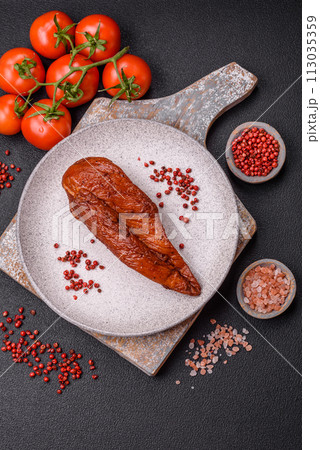 Delicious smoked meat chicken breast with salt, spices and herbs 113035359